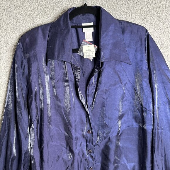 Cato Plus Blue Shimmer Blouse NWT Long Sleeve Button Up Shoulder Pads Retro Glam - Picture 4 of 9